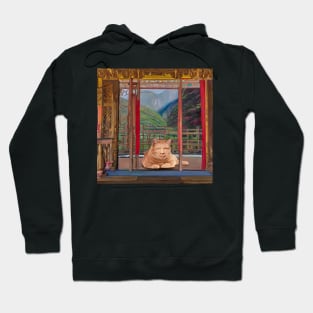 Eckhart Tolle Zen Master Cat On a Temple Terrace Overlooking Mountains Hoodie